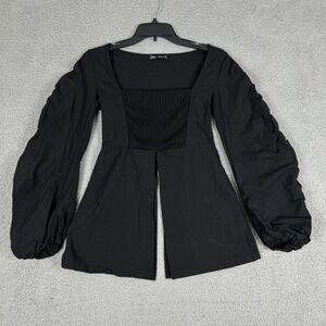 Zara Top Womens Medium Split Front Peplum Balloon Blouse Ruched Witchy Gothic‎